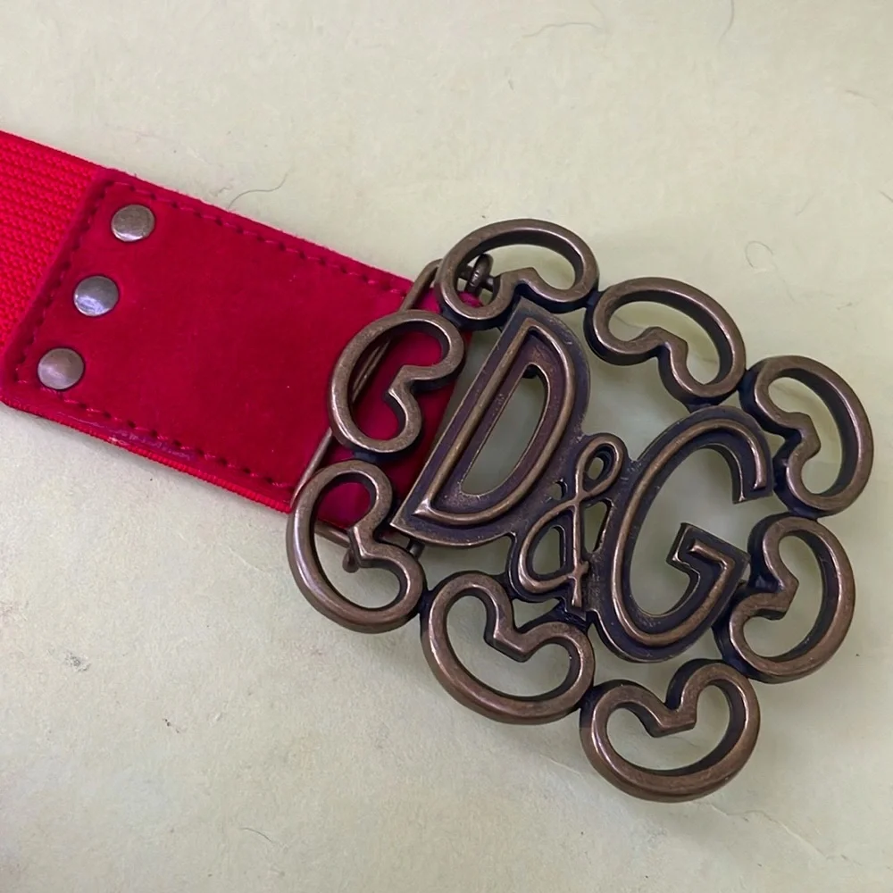 Vintage bright red Dolce & Gabbana stretchy wide belt with large unique buckle